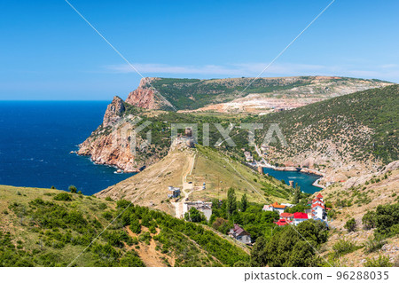 Scenic view of Balaclava bay with yachts and ruines of Genoese fortress Chembalo. Balaklava, Sevastopol, Crimea. The concept of an travel, relax, active and healthy life in harmony with nature. 96288035