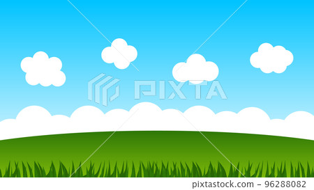landscape cartoon scene with green hills and white cloud in summer blue sky background landscape cartoon scene with green hills and white cloud in summer blue sky background 96288082