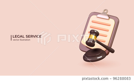 Realistic 3d design of Judge hammer and Paper clipboard Vector illustration in cartoon minimal style 96288083