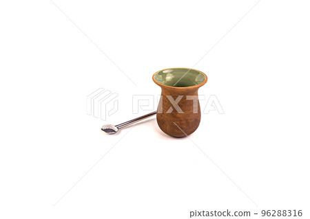Clay mate calabash with bombilla on white background 96288316
