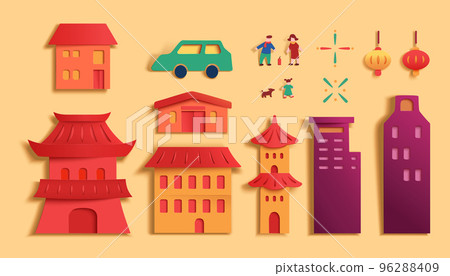 Papercut buildings and Asian family Papercut buildings and Asian family 96288409