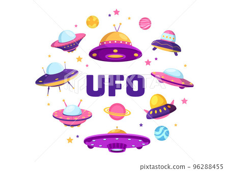 UFO Flying Spaceship with Rays of Light in Sky Night City View and Alien in Flat Cartoon Hand Drawn Templates Illustration 96288455
