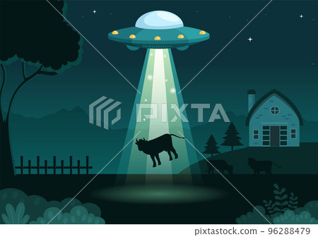 UFO Flying Spaceship with Flying Saucer Over the City Sky Abducts Human or Animals in Flat Cartoon Hand Drawn Templates Illustration UFO Flying Spaceship with Flying Saucer Over the City Sky Abducts Human or Animals in Flat Cartoon Hand Drawn Templates Illustration 96288479