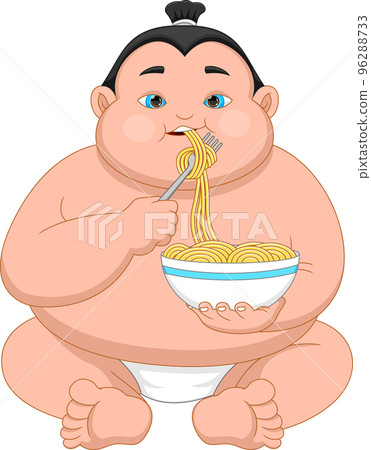 cartoon cute sumo wrestler eating noodle 96288733