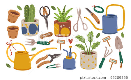 Set of gardening tools and plants in pots isolated on white. Bundle of equipment for home plants. Flat cartoon vector. 96289366