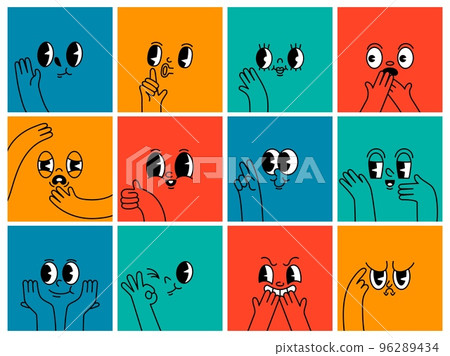 Cartoon people faces. Funny facial expressions avatar with retro character face and hand gestures. Mood vector background set 96289434