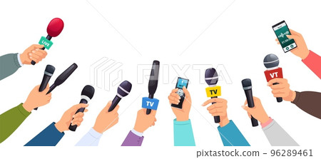 Press conference. News reporters and journalists hands with microphones record broadcaster announcement talks vector illustration 96289461