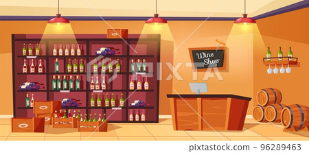 Wine shop interior. Restaurant bar table, shelves with alcohol bottles and winery barrels. Retail or pub vector Illustration Wine shop interior. Restaurant bar table, shelves with alcohol bottles and winery barrels. Retail or pub vector Illustration 96289463