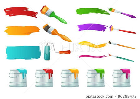 Roller and paint brushes. Can of colored paint and brush stroke isolated elements. Wall painting and drawing vector se 96289472