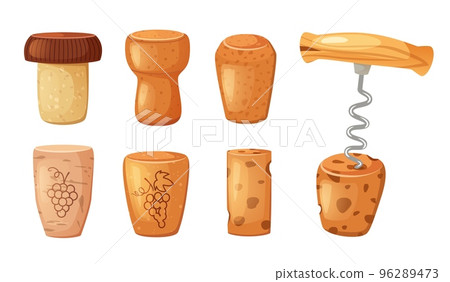 Cartoon wine corks. Different types bungs for bottles, champagne cork with corkscrew isolated vector illustration set 96289473
