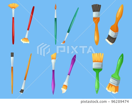 Cartoon paint brush. Painter instruments, different size brushes with paint for drawing and painting vector objects set 96289474