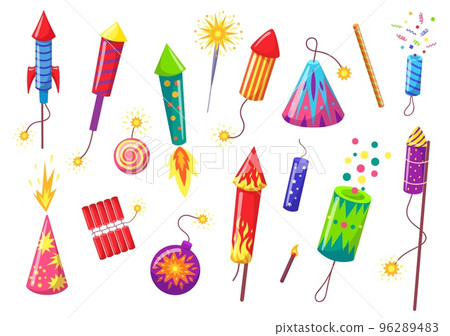 Cartoon holiday pyrotechnics. Festive petards, pyrotechnic fireworks rockets and firecrackers. Holiday decorative bombs vector set 96289483