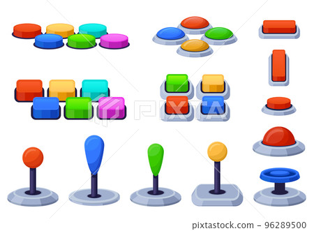 Arcade machine joystick and button. Controller sticks, 6 gamepad face buttons layout and trackball rotary encoder for gaming console peripherals vector set 96289500