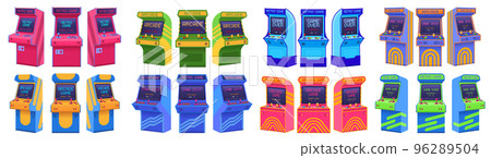 Arcade machines. Retro gaming cabinet, old game machine from different angles. Insert coin, game over and play again screens vector set 96289504