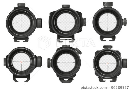 Sniper optical sight. Military sniper POV, aiming rifle and zoom scope. Telescope for weapons 3D vector Illustration set 96289527