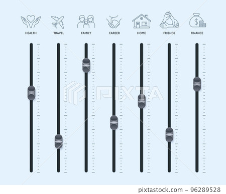 Work life balance priorities. Control board with slider controllers of mixer, time management adjustment vector illustration Work life balance priorities. Control board with slider controllers of mixer, time management adjustment vector illustration 96289528