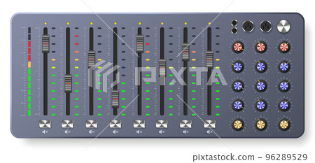 Audio mixer board. Multitrack mixing controller, sound level sliders panel with controllers and knobs vector illustration 96289529