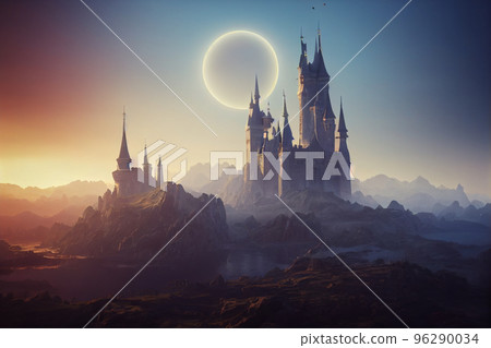 castle fantasy mountain forest sky majestic... - Stock Illustration ...