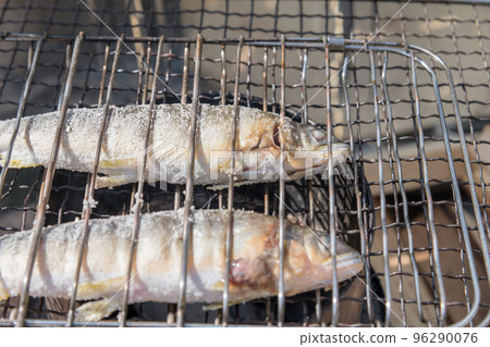 [在中津川河床上露營，用餘燼鹽烤養殖的香魚] 96290076