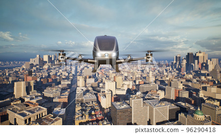 Autonomous driverless aerial vehicle fly across city, 3d render Autonomous driverless aerial vehicle fly across city, 3d render 96290418