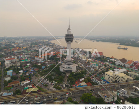 Aerial top view of observation deck viewpoints tower, Samut Prakan urban city town skyline view. Sightseeing exploring city skyline in travel on holiday vacation. Thailand. 96290615