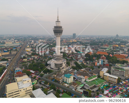 Aerial top view of observation deck viewpoints tower, Samut Prakan urban city town skyline view. Sightseeing exploring city skyline in travel on holiday vacation. Thailand. 96290616