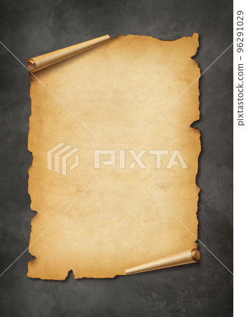 Old mediaeval paper sheet. Parchment scroll on a concrete wall 96291029