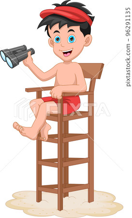 lifeguard boy cartoon holding binocular 96291135