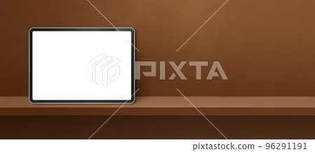 Digital tablet pc on brown wall shelf. Background banner 96291191