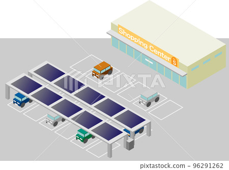 Image illustration of a shopping center where solar panels are installed on the roof of the isometric parking lot Image illustration of a shopping center where solar panels are installed on the roof of the isometric parking lot 96291262