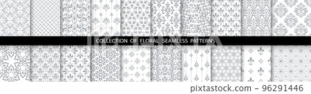 Geometric floral set of seamless patterns. White and gray vector backgrounds. Simple illustrations 96291446
