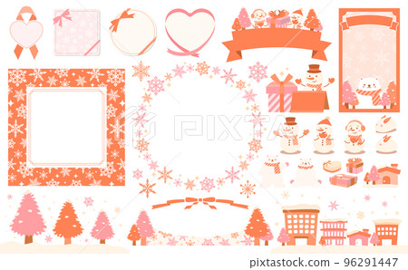 帶雪花的冬季框架和冬季插圖集_暖色_無文字 96291447
