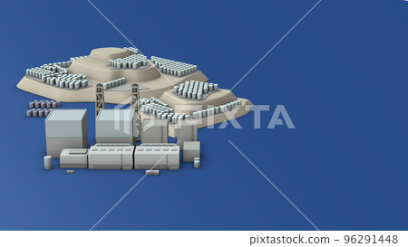 一座核電站和許多處理過的水箱。設施和建築物外觀的全景。建築模型。 96291448