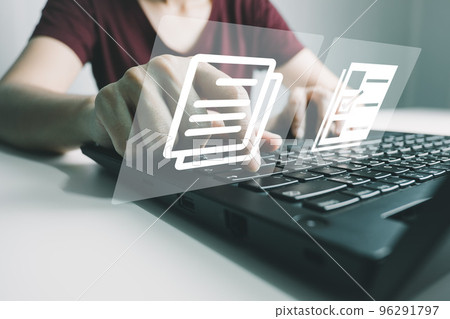 Businesswoman use finger touch screen folder manage file,online data management,Document Management System DMS,access to document file with security,structure design document,ERP enterprise 96291797