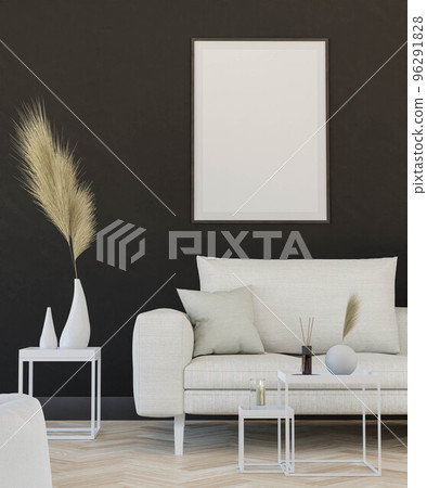 empty studio room loft apartment background with couch, table and blank picture frame 3d render illustration empty studio room loft apartment background with couch, table and blank picture frame 3d render illustration 96291828