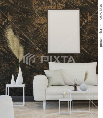 empty studio room loft apartment background with couch, table and blank picture frame 3d render illustration 96291830