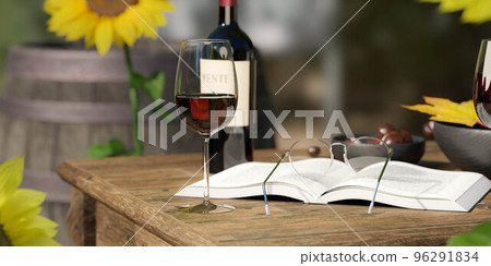 autumn scene with wine glass, cask and bottle and books and glasses 3d render illustration 96291834
