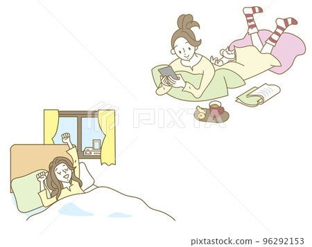 Illustration set of a young woman relaxing at home 96292153