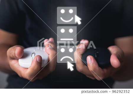 Evaluation and decision. This concept shows which mouses or somethings will good or bad. close up shot with virtual screen, hologram. Evaluation and decision. This concept shows which mouses or somethings will good or bad. close up shot with virtual screen, hologram. 96292352