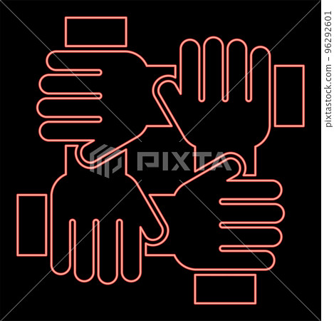 Neon four hand holding together team work concept red color vector illustration image flat style 96292601