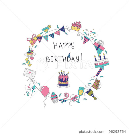 Hygge. An armchair, a fireplace, warm clothes, hot drinks, a pie, autumn leaves and other things in the shape of a circle. Flat vector illustration in doodle style. 96292764