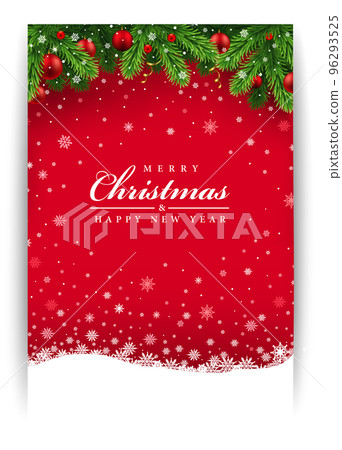 Merry Christmas greeting card on red background with traditional decorations Merry Christmas greeting card on red background with traditional decorations 96293525