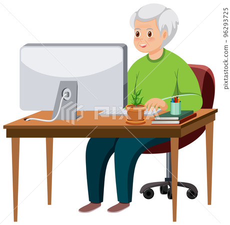 Old man sitting in front of computer Old man sitting in front of computer 96293725