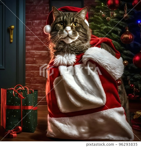 A funny cute tomcat poses in a Santa Claus outfit and hat sticking out of a gift bag. Christmas scene. New Year's postcard. Trending cat A funny cute tomcat poses in a Santa Claus outfit and hat sticking out of a gift bag. Christmas scene. New Year's postcard. Trending cat 96293835
