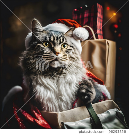 A funny cute tomcat poses in a Santa Claus outfit and hat sticking out of a gift bag. Christmas scene. New Year's postcard. Trending cat A funny cute tomcat poses in a Santa Claus outfit and hat sticking out of a gift bag. Christmas scene. New Year's postcard. Trending cat 96293836