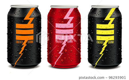 Energy drink tin can with many fresh juice drops. Template Tin package design 96293901