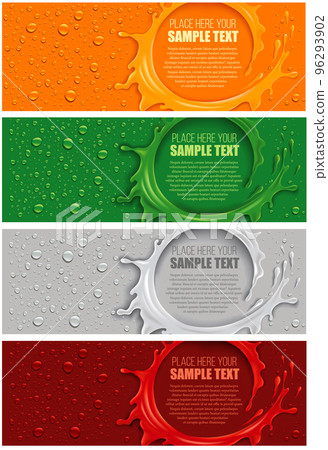 Multicolour background with splash and lots of drops. Design template for juice with place for your text Multicolour background with splash and lots of drops. Design template for juice with place for your text 96293902