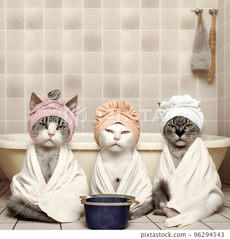 Three incredibly cute kittens sit wrapped in bathrobe after a bath.Cat spa.Relax in the bathhouse. Preparing for a New Year's Eve party. 96294543