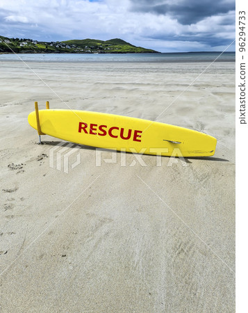 Yellow coast guard rescue surfboard at Narin Beach by Portnoo, County Donegal - Ireland Yellow coast guard rescue surfboard at Narin Beach by Portnoo, County Donegal - Ireland 96294733