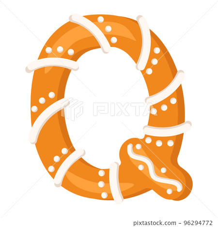 Letter Q made from glazed gingerbread. Festive font, symbol of Happy New Year and Christmas, sign and letters of different shapes. Vector flat illustration Letter Q made from glazed gingerbread. Festive font, symbol of Happy New Year and Christmas, sign and letters of different shapes. Vector flat illustration 96294772